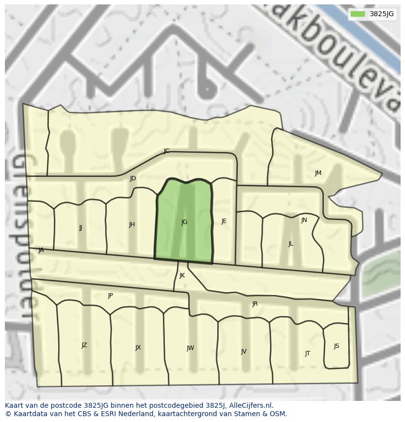 Afbeelding van het postcodegebied 3825 JG op de kaart.