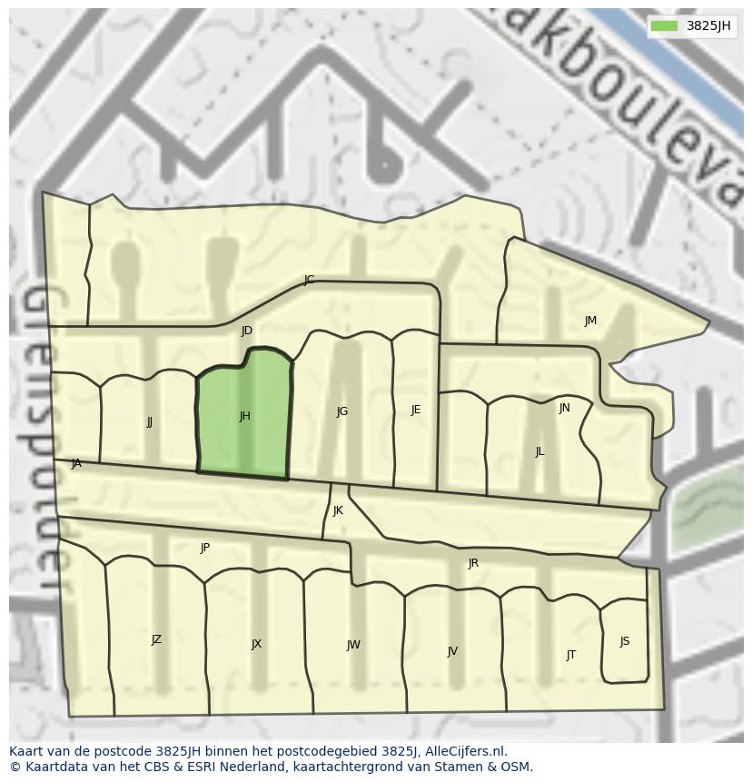 Afbeelding van het postcodegebied 3825 JH op de kaart.