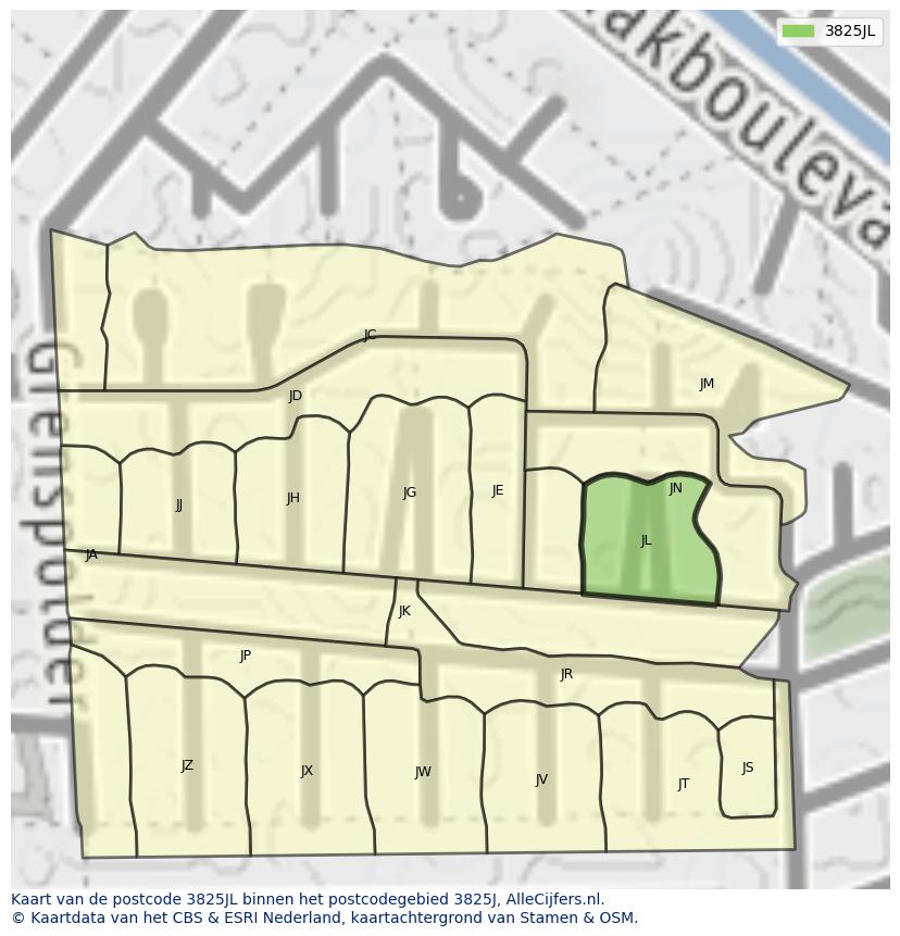 Afbeelding van het postcodegebied 3825 JL op de kaart.