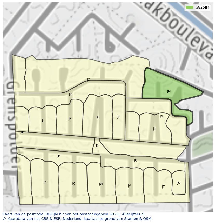 Afbeelding van het postcodegebied 3825 JM op de kaart.