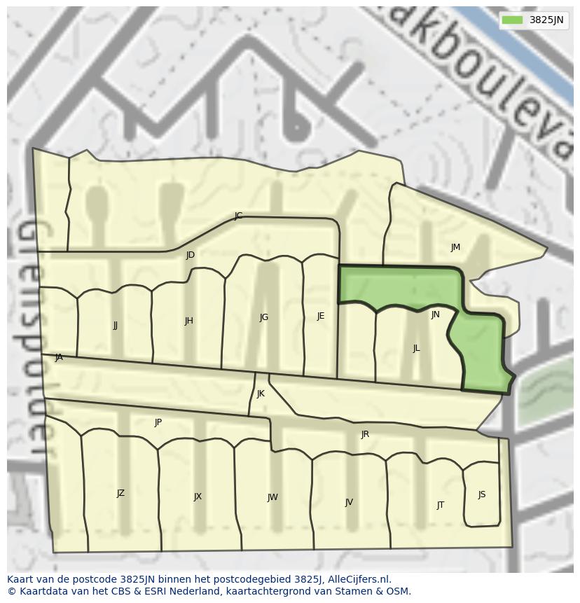 Afbeelding van het postcodegebied 3825 JN op de kaart.