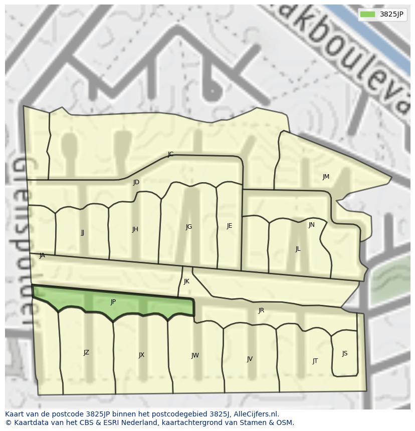 Afbeelding van het postcodegebied 3825 JP op de kaart.