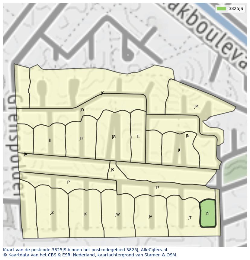 Afbeelding van het postcodegebied 3825 JS op de kaart.