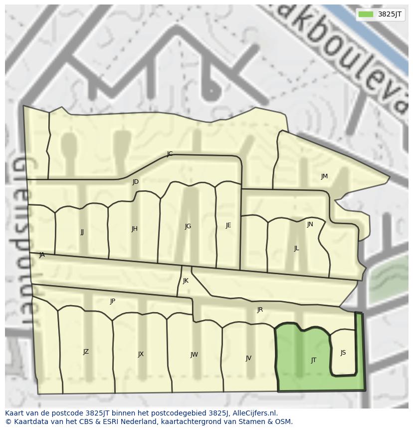 Afbeelding van het postcodegebied 3825 JT op de kaart.