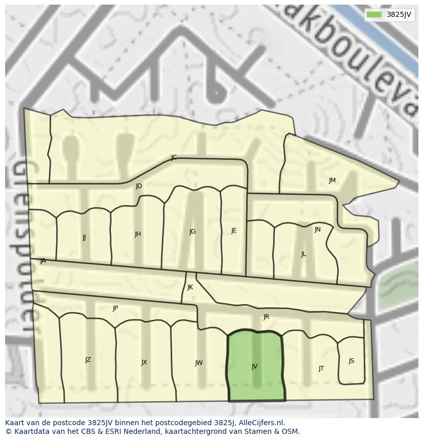 Afbeelding van het postcodegebied 3825 JV op de kaart.