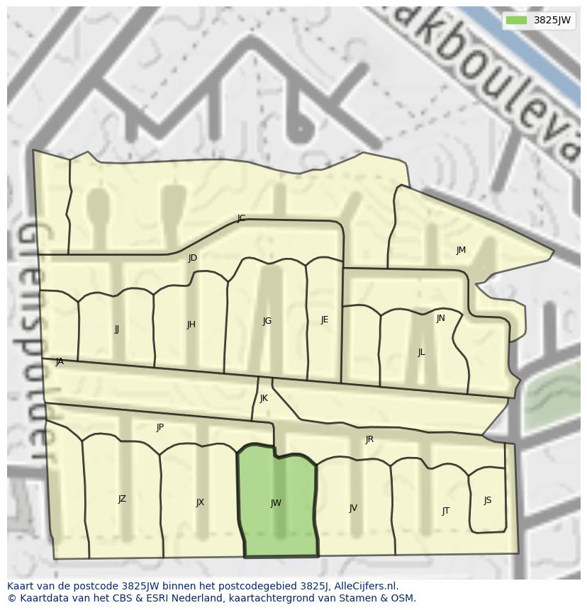 Afbeelding van het postcodegebied 3825 JW op de kaart.