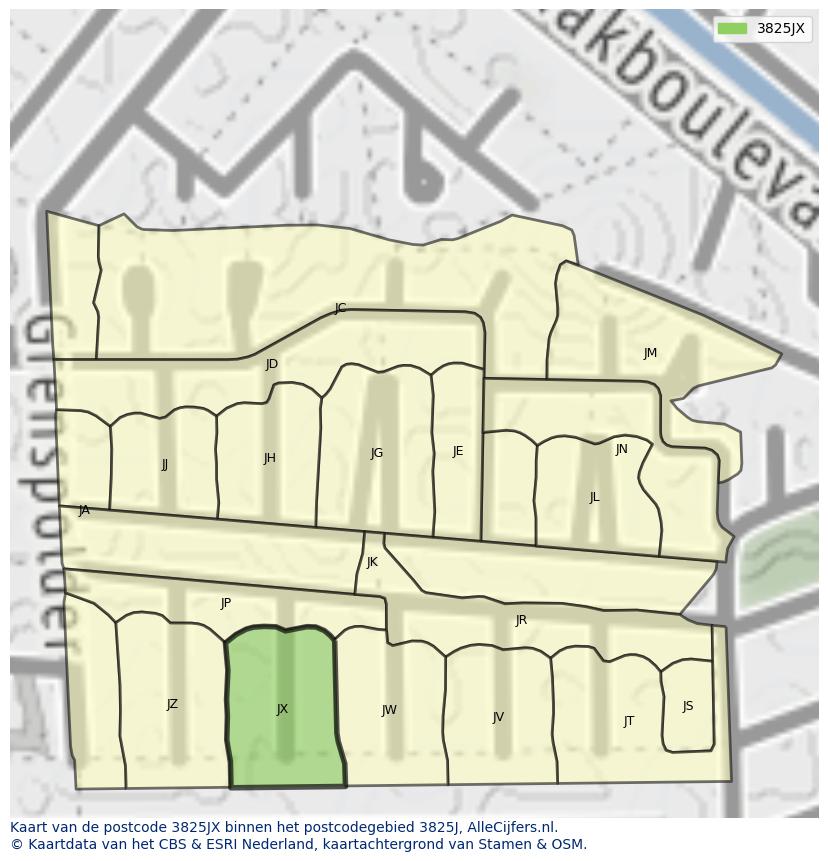 Afbeelding van het postcodegebied 3825 JX op de kaart.
