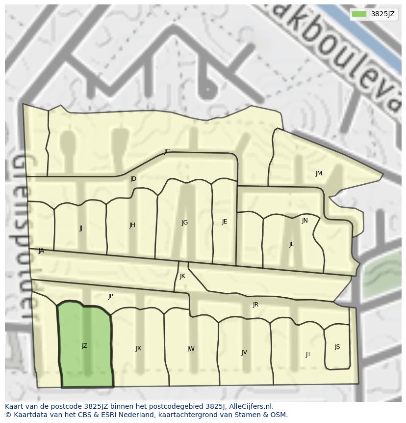 Afbeelding van het postcodegebied 3825 JZ op de kaart.