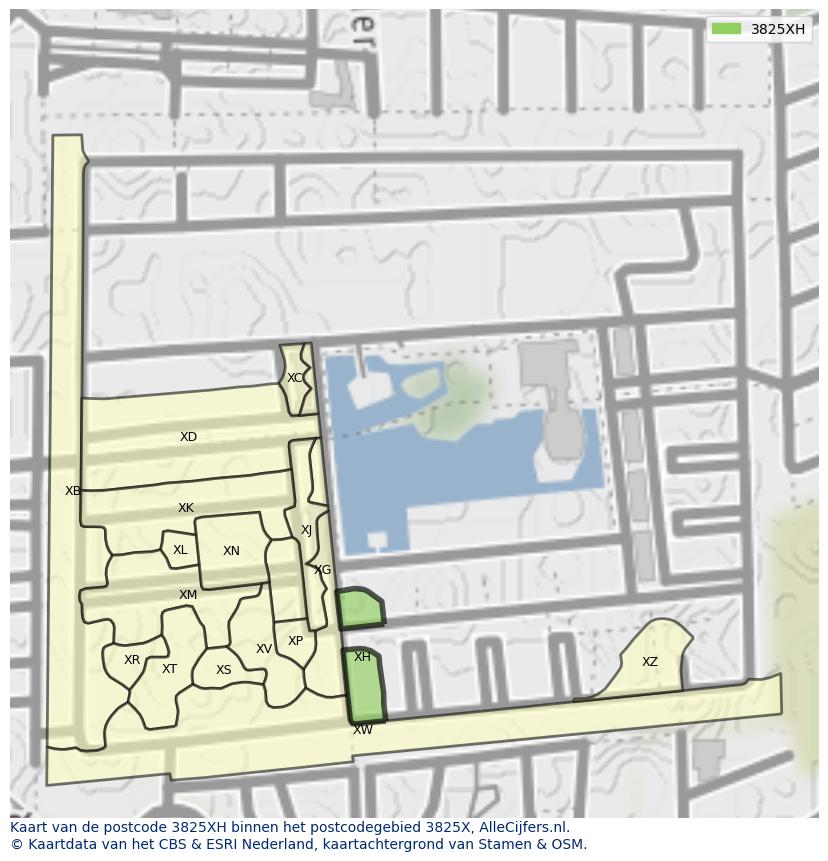 Afbeelding van het postcodegebied 3825 XH op de kaart.
