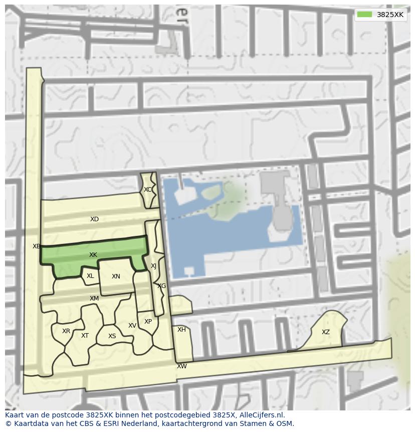 Afbeelding van het postcodegebied 3825 XK op de kaart.