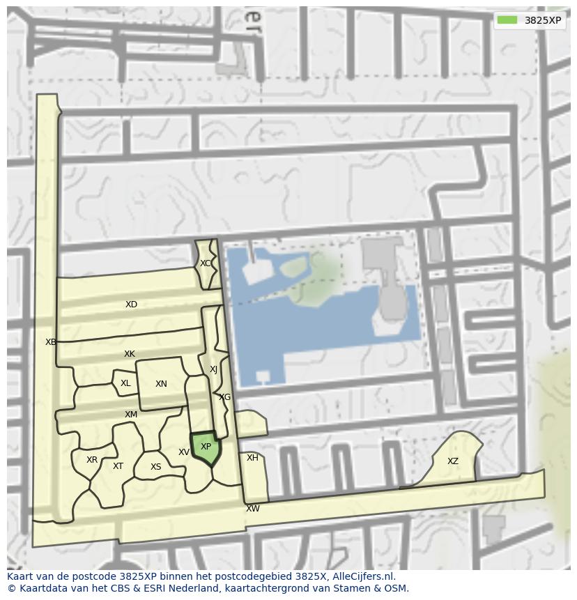 Afbeelding van het postcodegebied 3825 XP op de kaart.