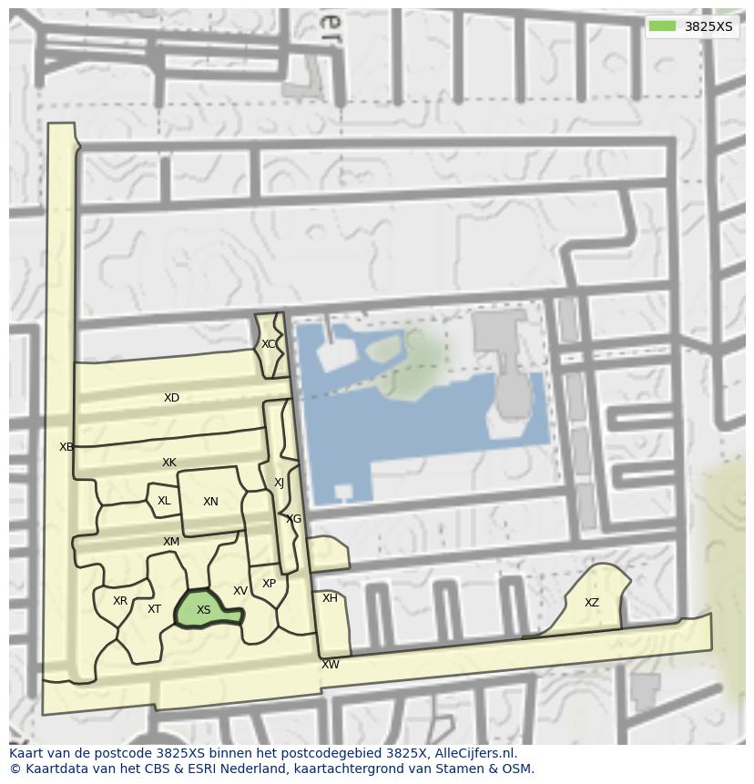 Afbeelding van het postcodegebied 3825 XS op de kaart.