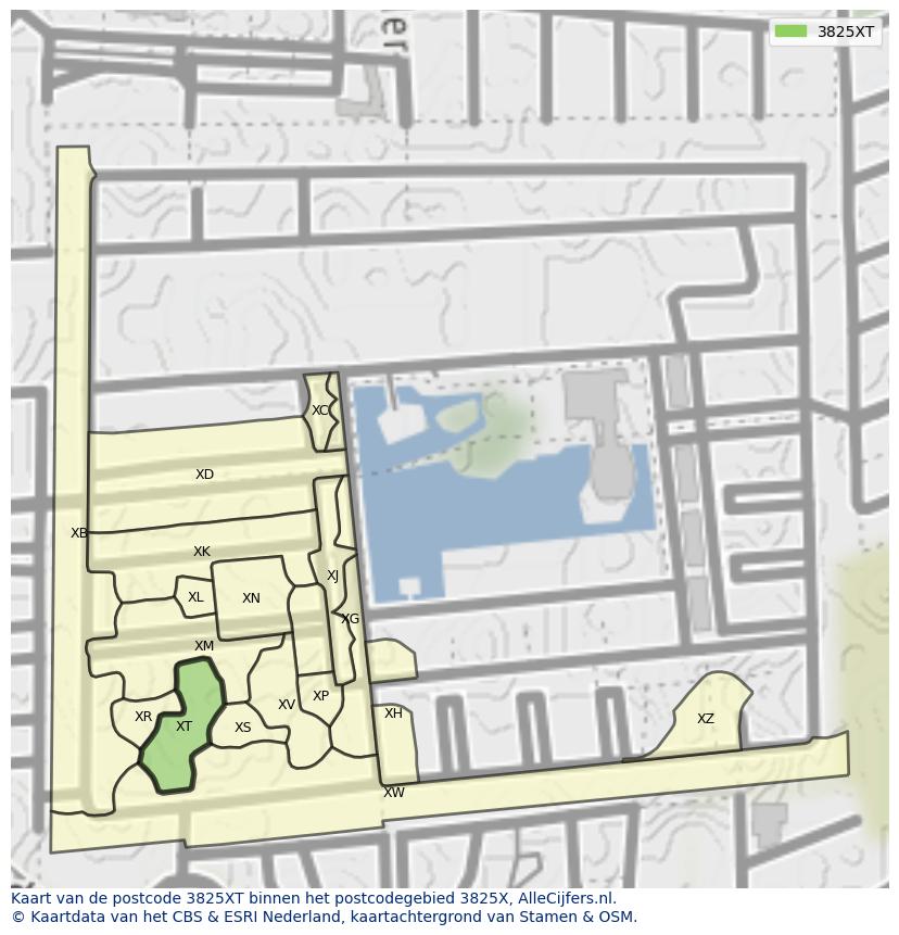 Afbeelding van het postcodegebied 3825 XT op de kaart.