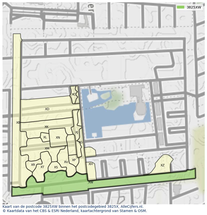 Afbeelding van het postcodegebied 3825 XW op de kaart.