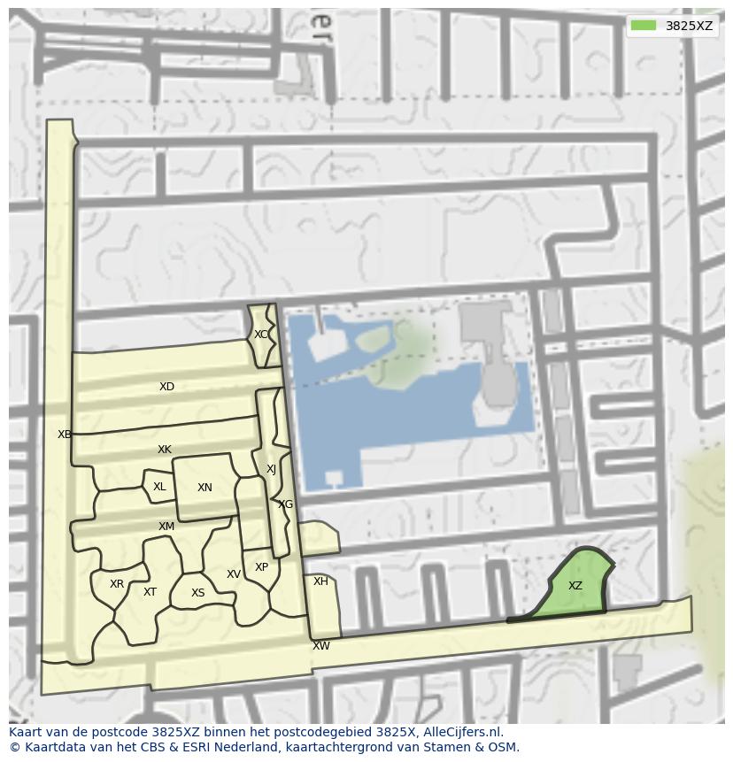 Afbeelding van het postcodegebied 3825 XZ op de kaart.