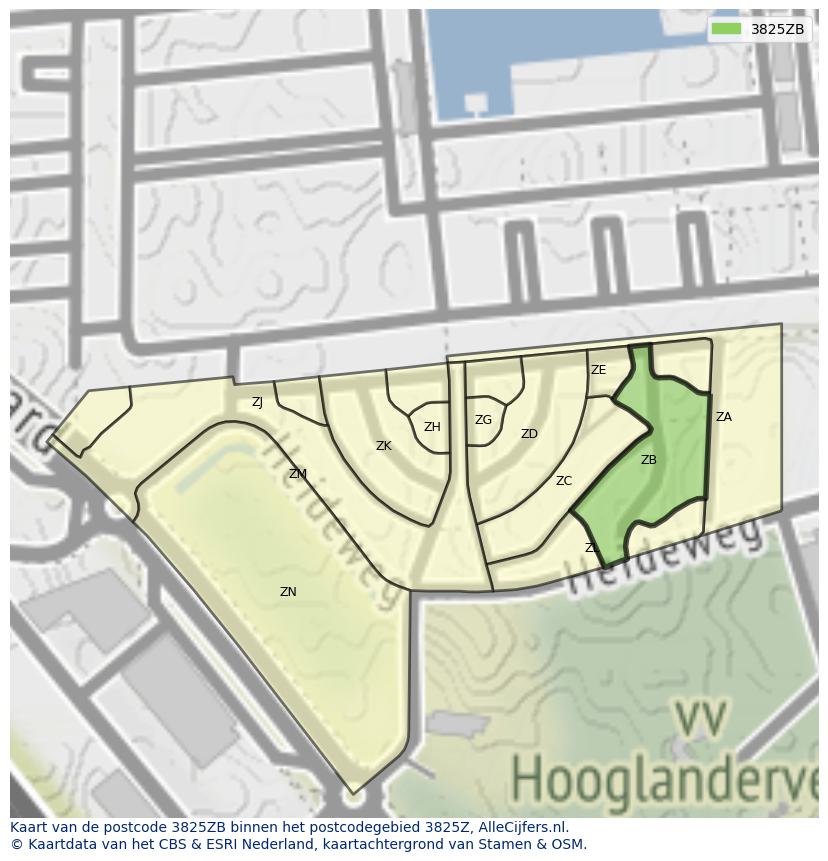 Afbeelding van het postcodegebied 3825 ZB op de kaart.