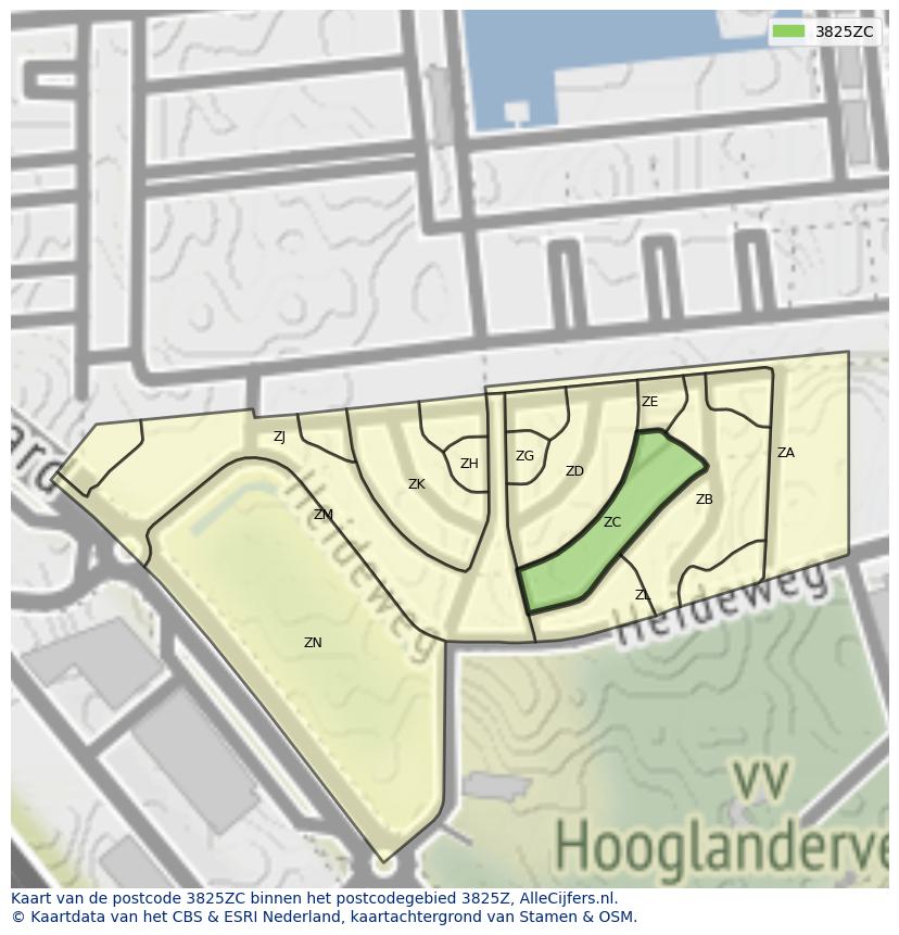 Afbeelding van het postcodegebied 3825 ZC op de kaart.