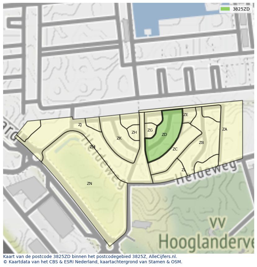 Afbeelding van het postcodegebied 3825 ZD op de kaart.