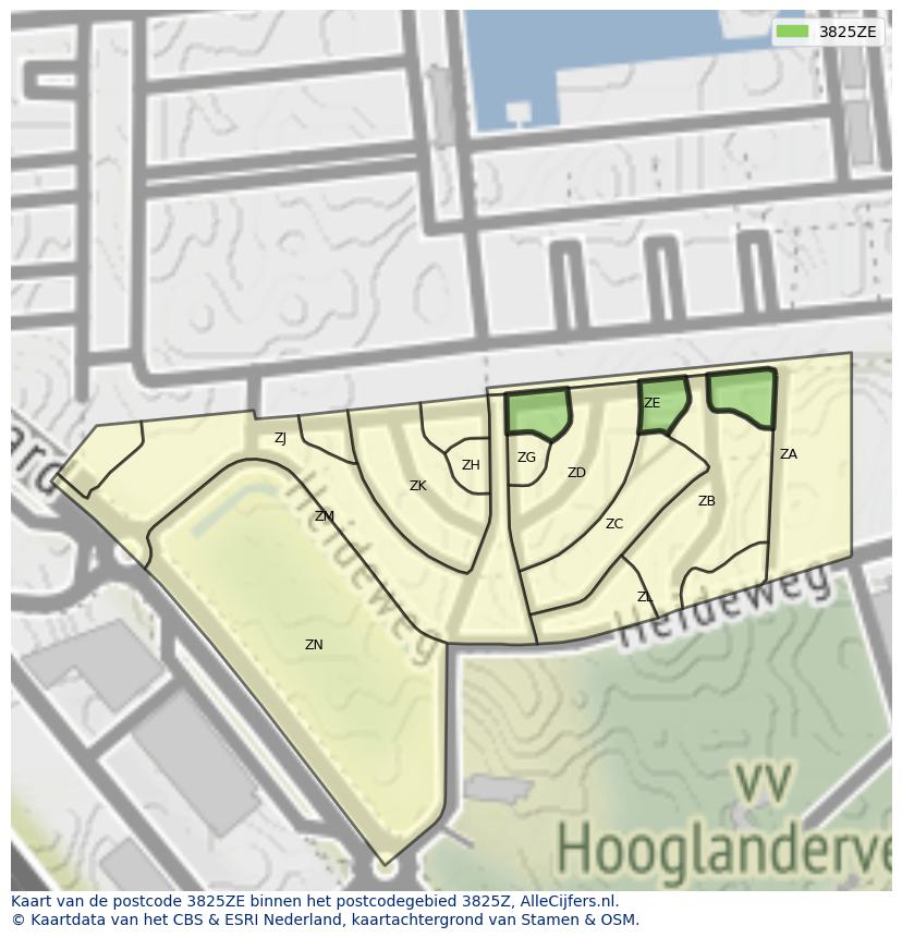 Afbeelding van het postcodegebied 3825 ZE op de kaart.