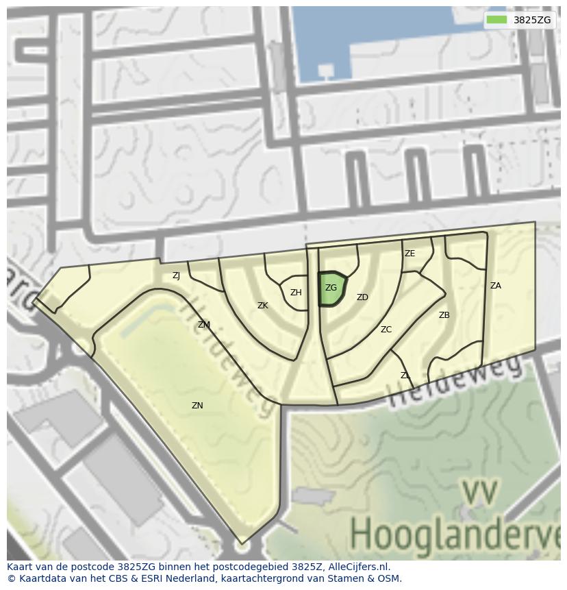 Afbeelding van het postcodegebied 3825 ZG op de kaart.