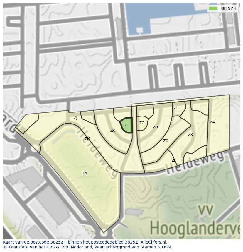 Afbeelding van het postcodegebied 3825 ZH op de kaart.