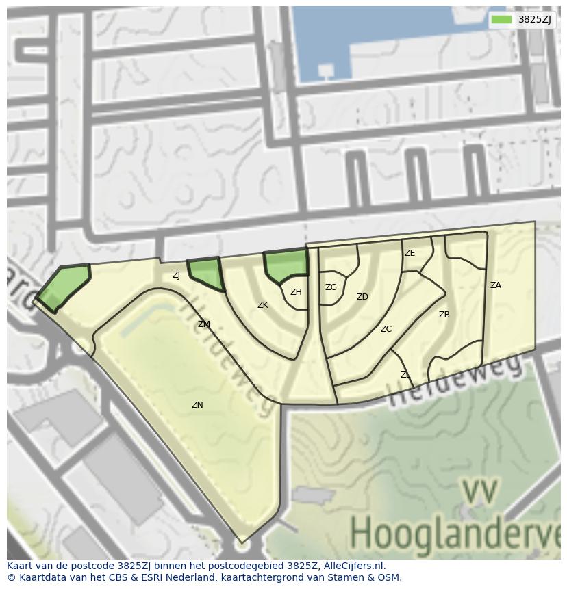 Afbeelding van het postcodegebied 3825 ZJ op de kaart.