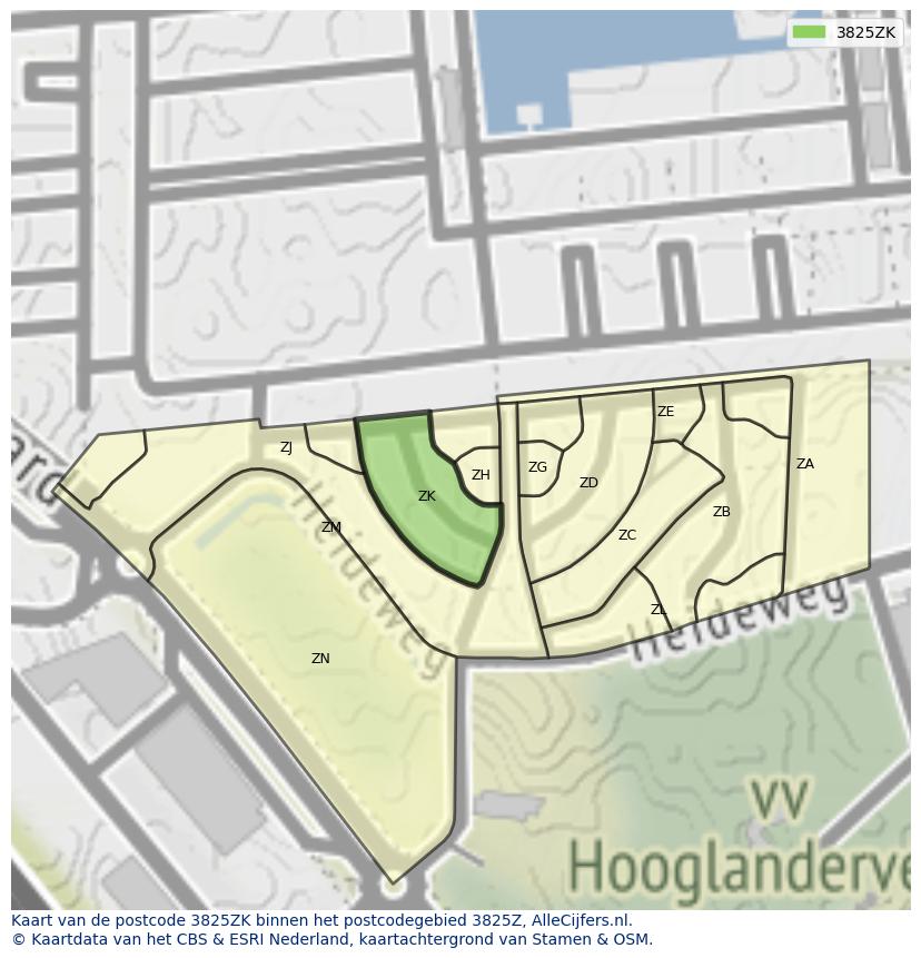 Afbeelding van het postcodegebied 3825 ZK op de kaart.