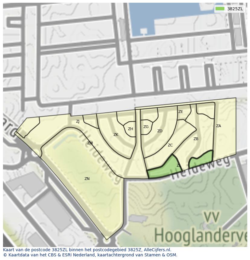 Afbeelding van het postcodegebied 3825 ZL op de kaart.