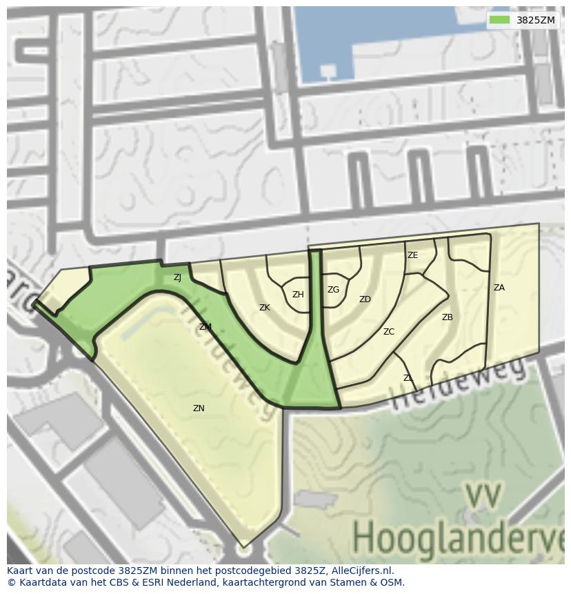 Afbeelding van het postcodegebied 3825 ZM op de kaart.