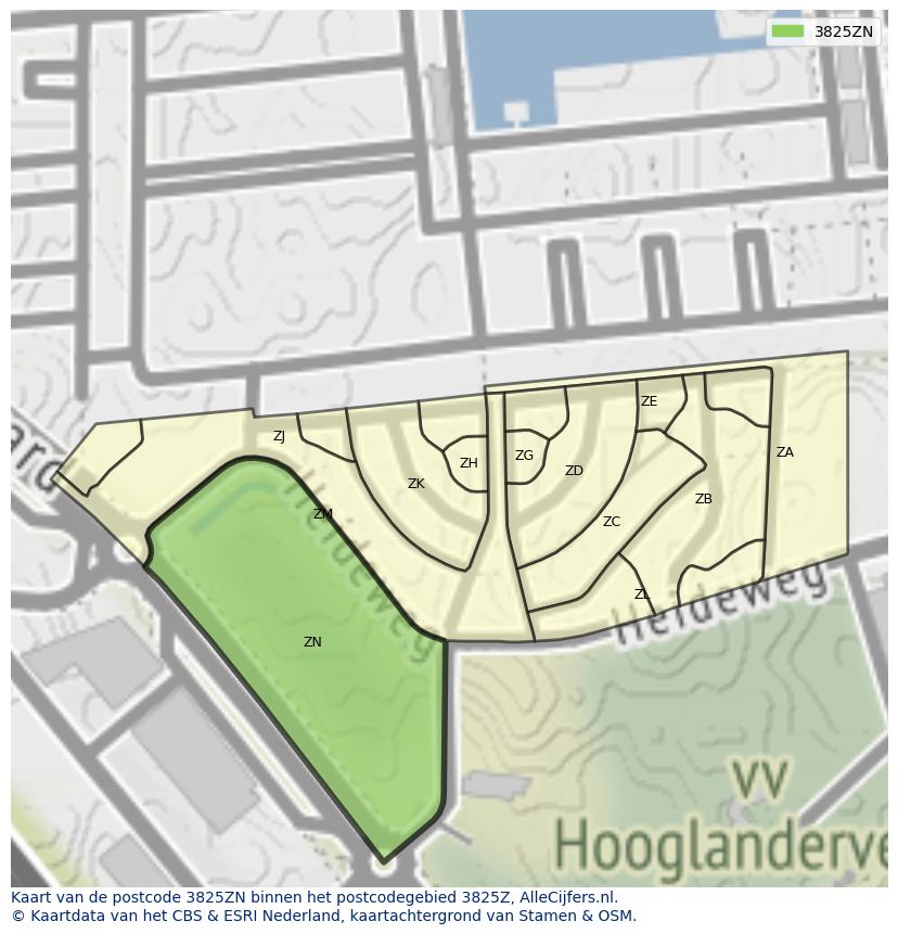 Afbeelding van het postcodegebied 3825 ZN op de kaart.
