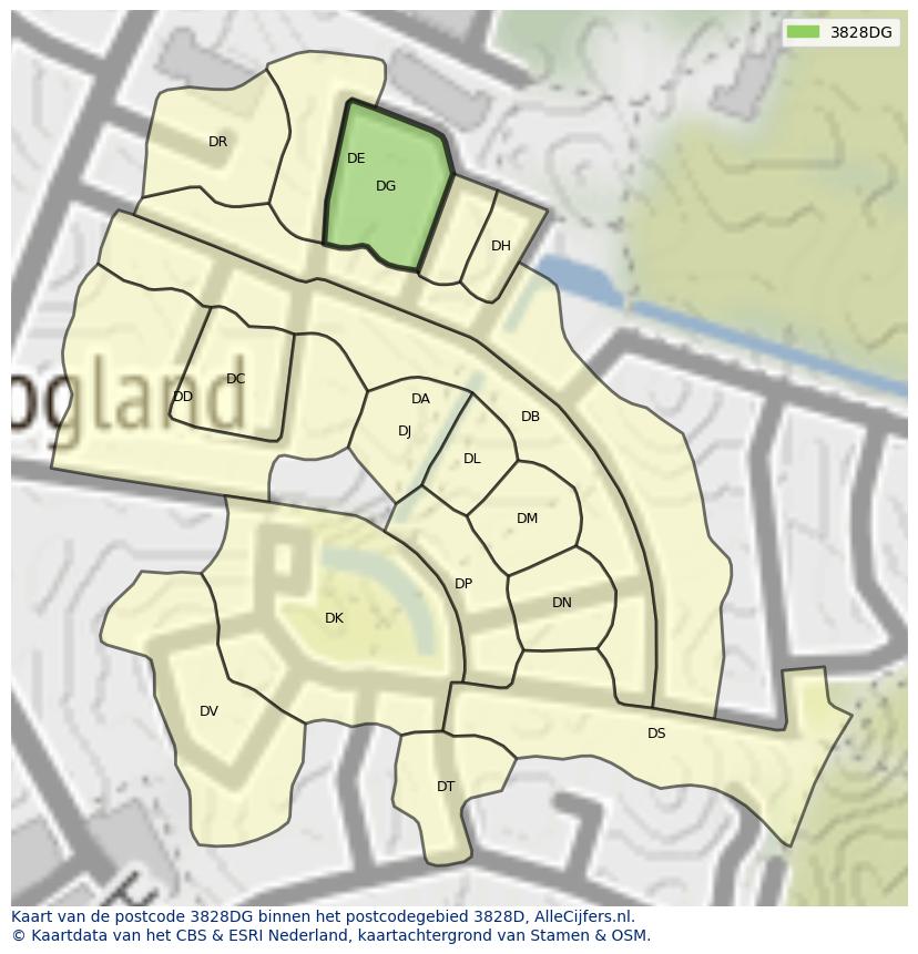 Afbeelding van het postcodegebied 3828 DG op de kaart.