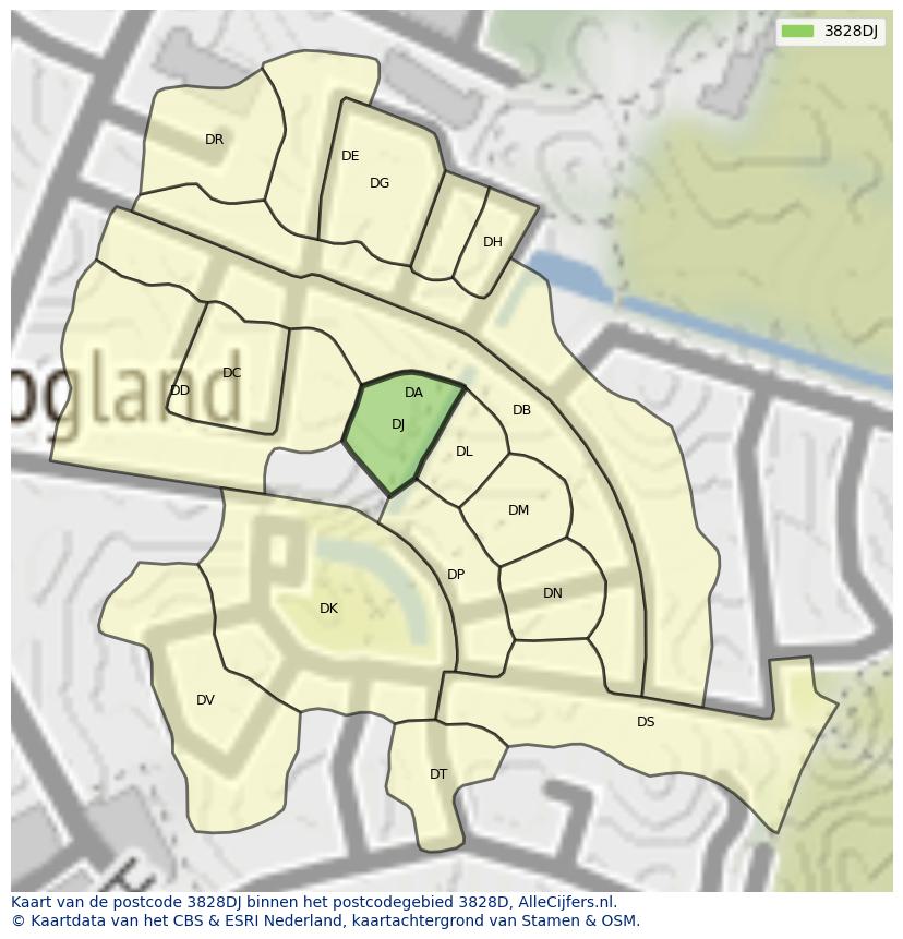 Afbeelding van het postcodegebied 3828 DJ op de kaart.