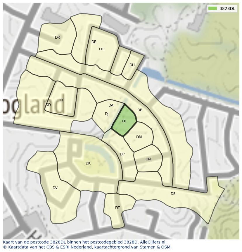 Afbeelding van het postcodegebied 3828 DL op de kaart.