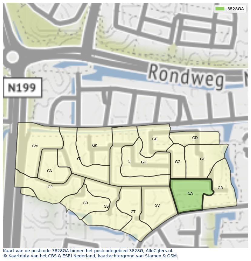 Afbeelding van het postcodegebied 3828 GA op de kaart.