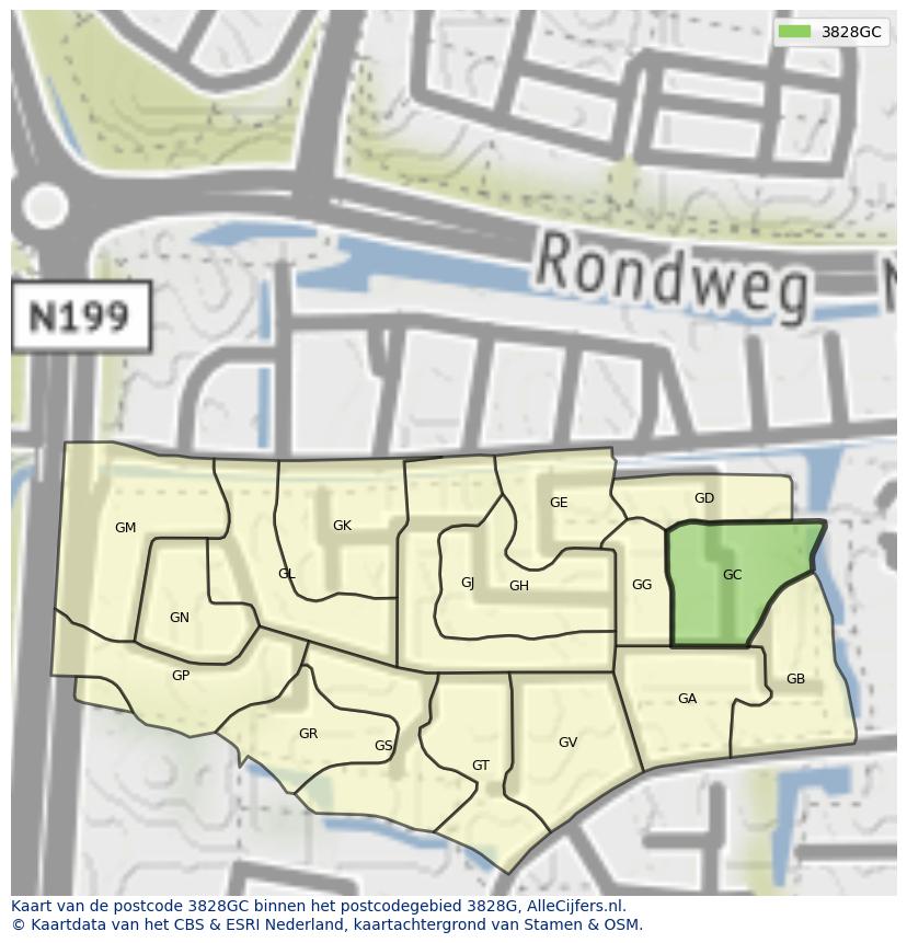 Afbeelding van het postcodegebied 3828 GC op de kaart.