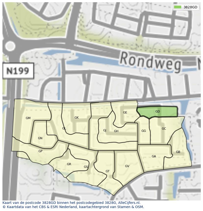 Afbeelding van het postcodegebied 3828 GD op de kaart.