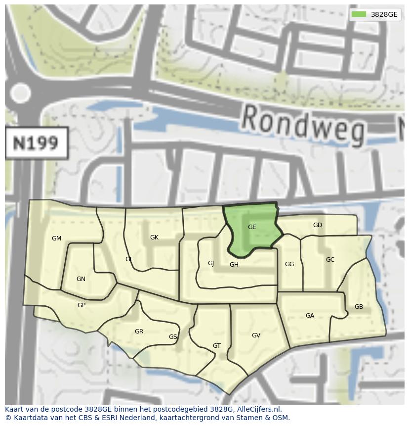 Afbeelding van het postcodegebied 3828 GE op de kaart.