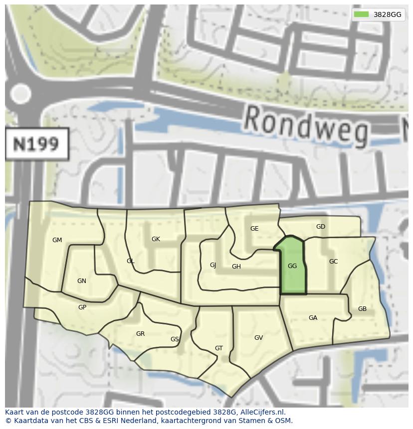 Afbeelding van het postcodegebied 3828 GG op de kaart.