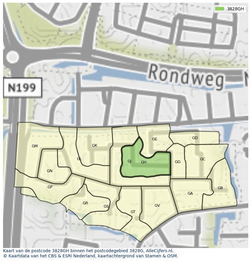 Afbeelding van het postcodegebied 3828 GH op de kaart.