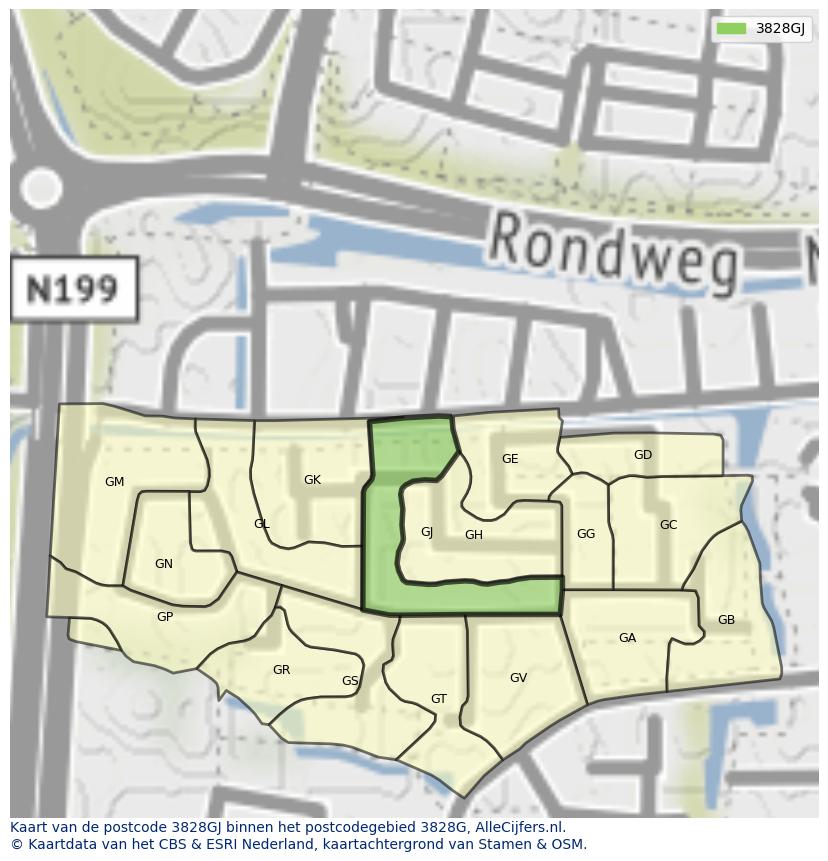 Afbeelding van het postcodegebied 3828 GJ op de kaart.