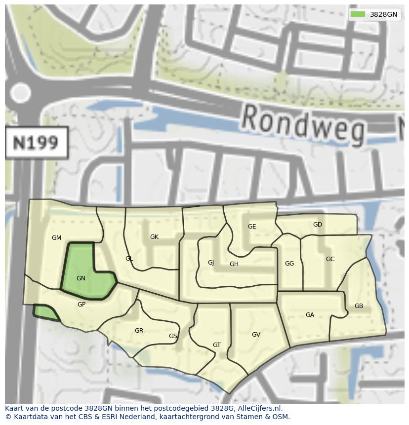 Afbeelding van het postcodegebied 3828 GN op de kaart.