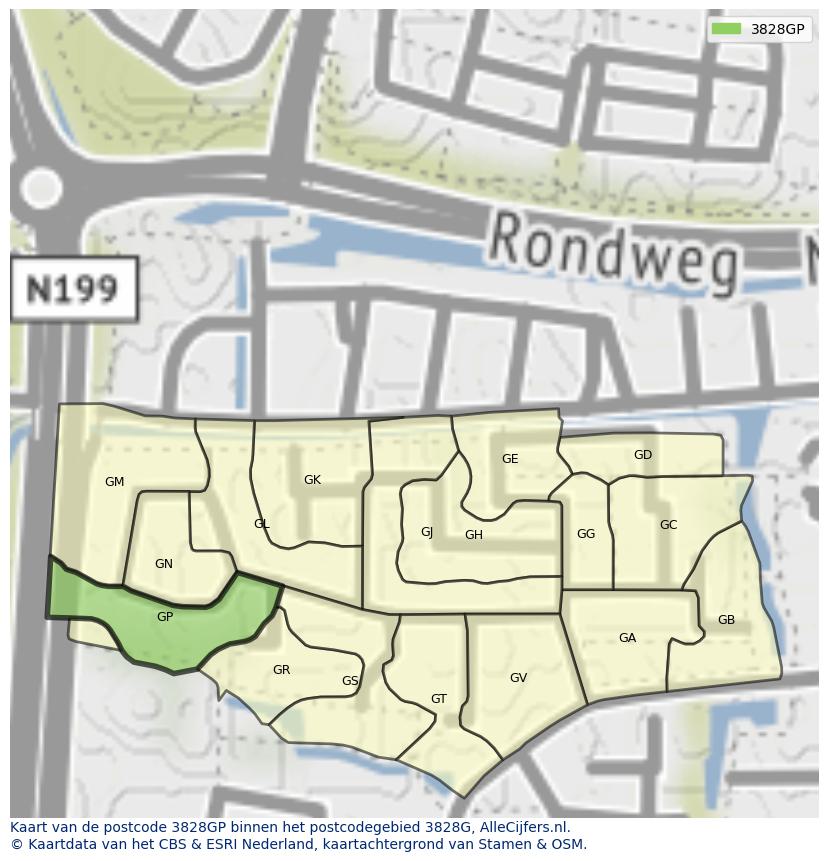 Afbeelding van het postcodegebied 3828 GP op de kaart.