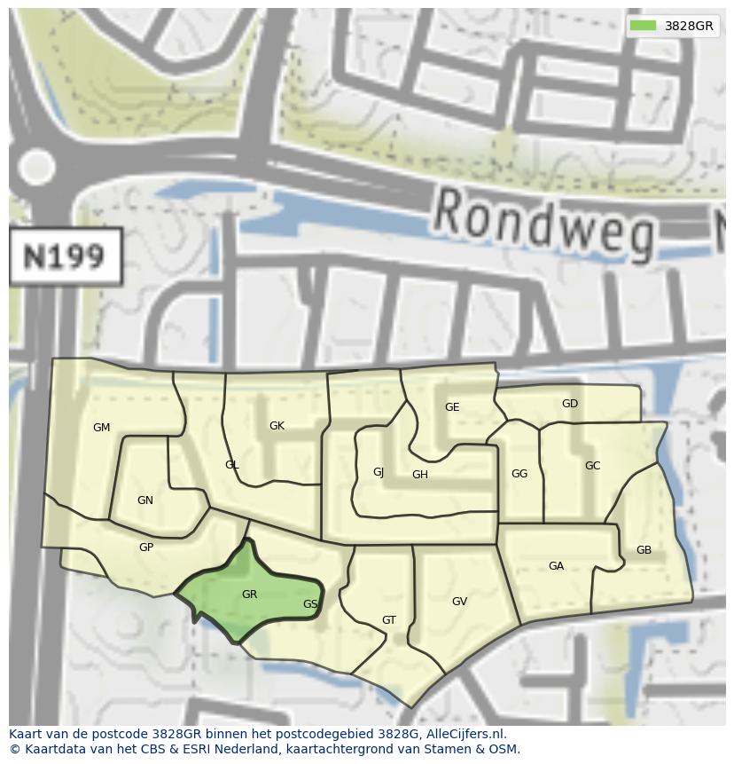 Afbeelding van het postcodegebied 3828 GR op de kaart.