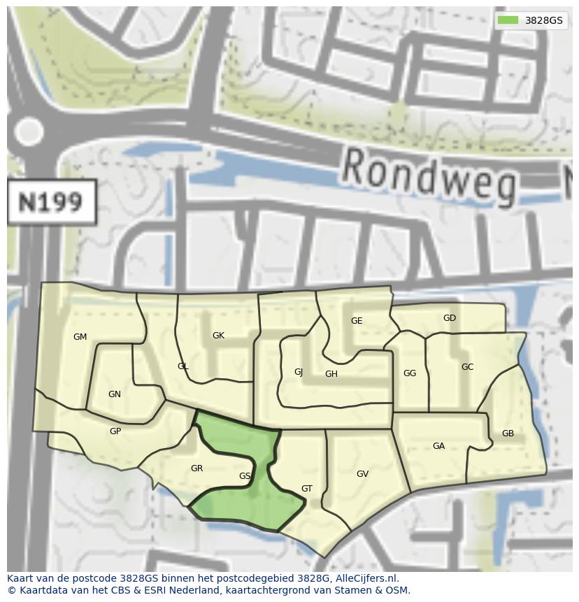 Afbeelding van het postcodegebied 3828 GS op de kaart.