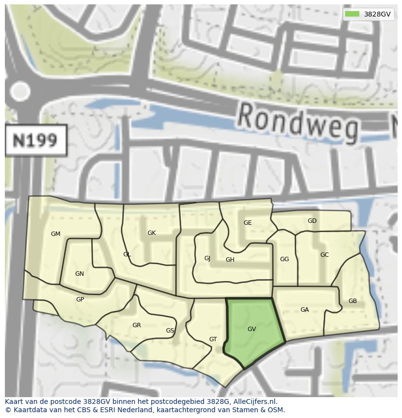 Afbeelding van het postcodegebied 3828 GV op de kaart.