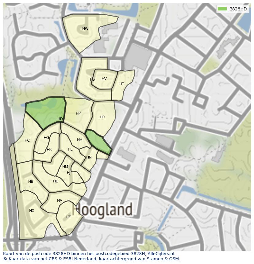 Afbeelding van het postcodegebied 3828 HD op de kaart.