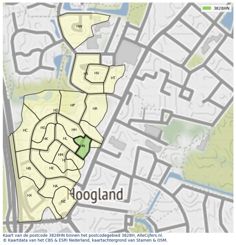 Afbeelding van het postcodegebied 3828 HN op de kaart.