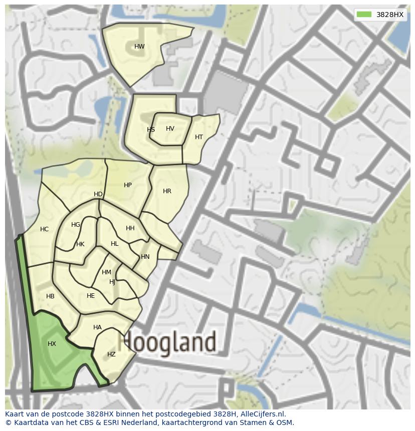 Afbeelding van het postcodegebied 3828 HX op de kaart.