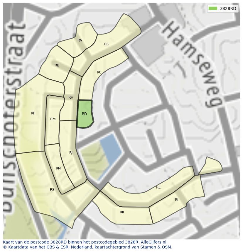 Afbeelding van het postcodegebied 3828 RD op de kaart.
