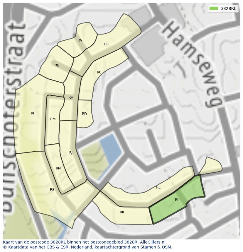 Afbeelding van het postcodegebied 3828 RL op de kaart.